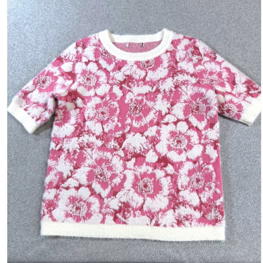 Cottagecore Floral Knit Sweater Pink White Soft Fuzzy Short Sleeve Pullover L